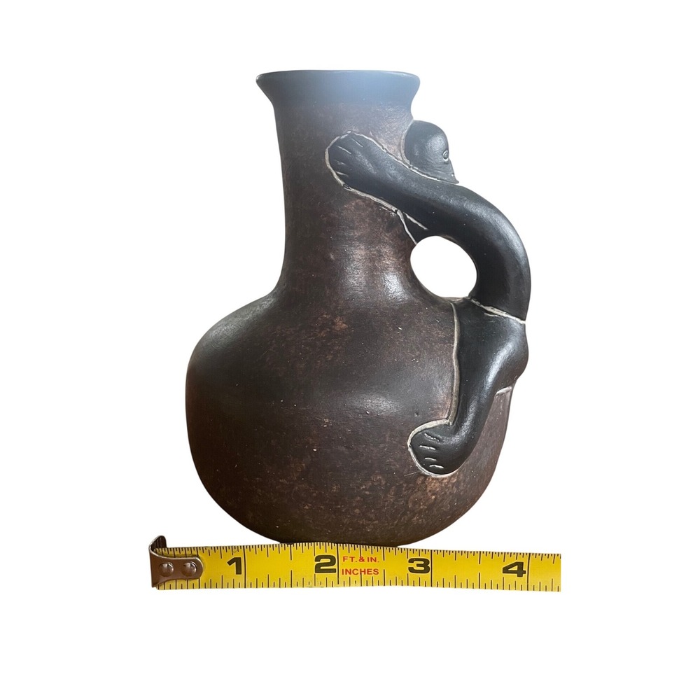 Vintage Mexican Folk Art Monkey Handle Pottery Vase Black Clay Green Glaze 5.5" - Picture 6 of 8